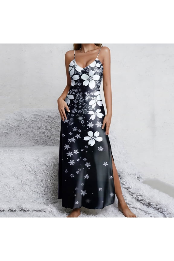 Womens Satin Long Nightgown Sexy Side Split Silk Floral Graphic Lingerie Soft Spaghetti Strap Nightwear Nightdress