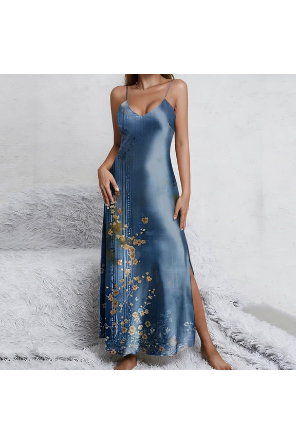 Womens Satin Long Nightgown Sexy Side Split Silk Floral Graphic Lingerie Soft Spaghetti Strap Nightwear Nightdress