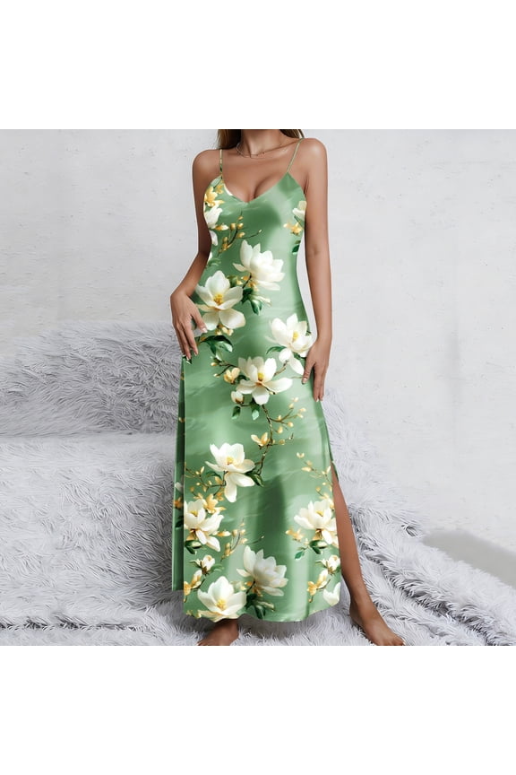 Womens Satin Long Nightgown Sexy Side Split Silk Floral Graphic Lingerie Soft Spaghetti Strap Nightwear Nightdress