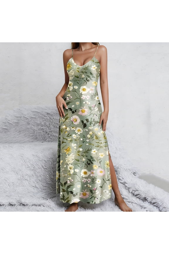 Womens Satin Long Nightgown Sexy Side Split Silk Floral Graphic Lingerie Soft Spaghetti Strap Nightwear Nightdress