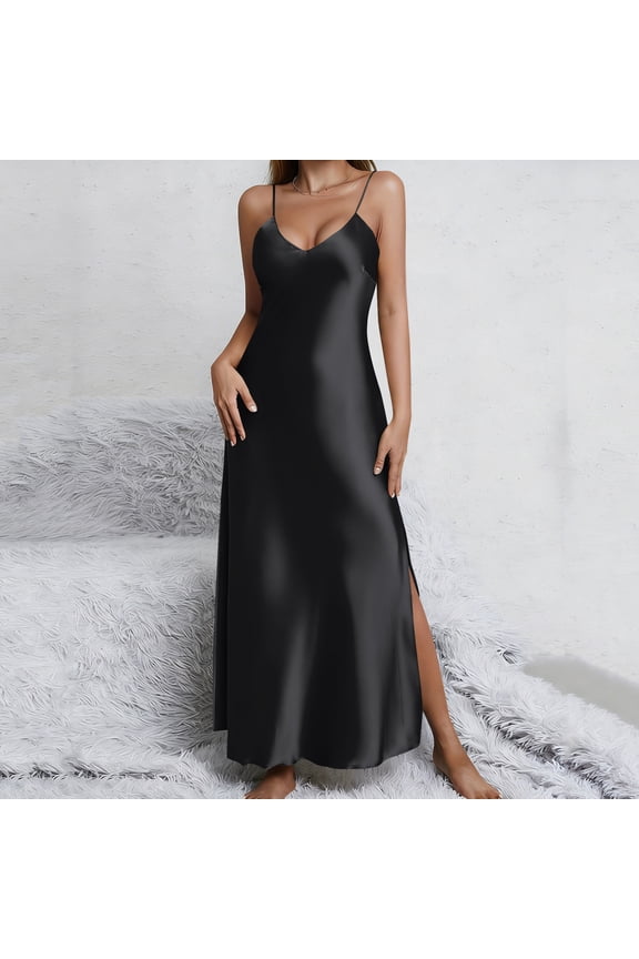 Womens Satin Long Nightgown Sexy Side Split Silk Lingerie Soft Spaghetti Strap Nightwear Nightdress