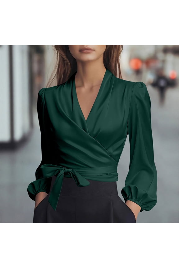 Womens Satin Wrap V Neck Blouse Long Sleeve Tie Belt Shirt Elegant Fitted Top