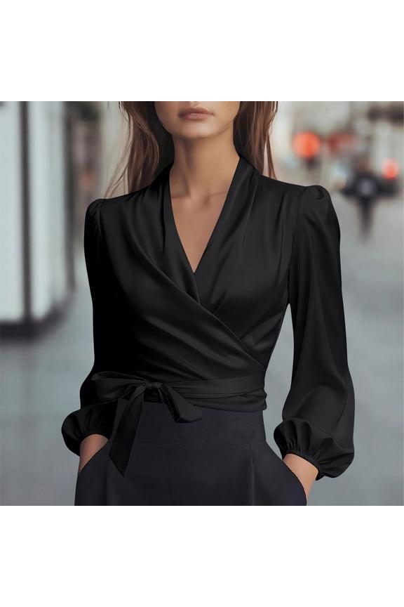 Womens Satin Wrap V Neck Blouse Long Sleeve Tie Belt Shirt Elegant Fitted Top