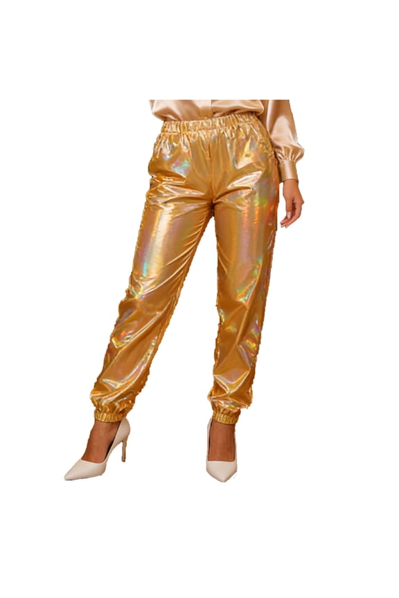 Womens Shiny Metallic High Waist Stretchy Jogger Pants, Wet Look Hip Hop Club Wear Holographic Trousers Sweatpant