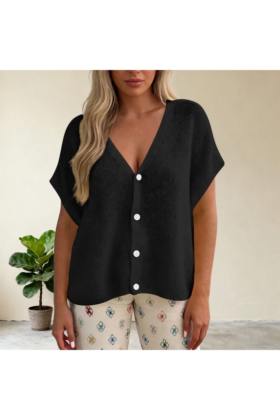 Womens Spring Oversized Cardigans Batwing Short Sleeve Lightweight Button V Neck Casual Knit Sweater Tops