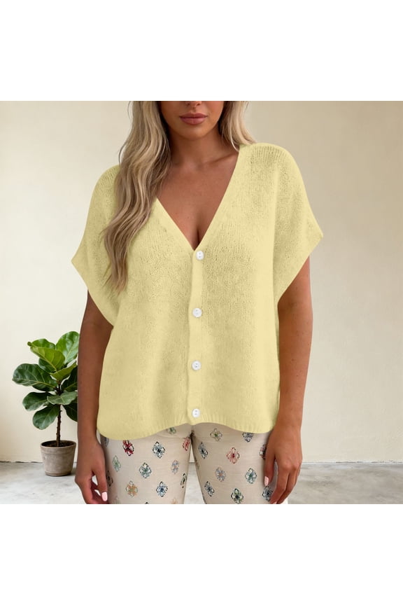 Womens Spring Oversized Cardigans Batwing Short Sleeve Lightweight Button V Neck Casual Knit Sweater Tops