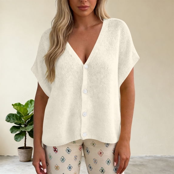 Roncen Womens Spring Oversized Cardigans Batwing Short Sleeve Lightweight Button V Neck Casual Knit Sweater Tops