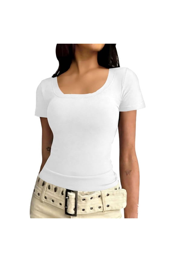 Womens Summer Short Sleeve Tops Square Neck Ribbed Slim Fitted Shirts Casual Tee Tshirt