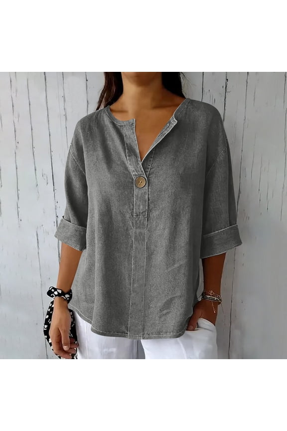 Women's V-Neck Button Down Shirt, Relaxed Fit Roll-Up Sleeve Top with Wooden Button & Casual Style