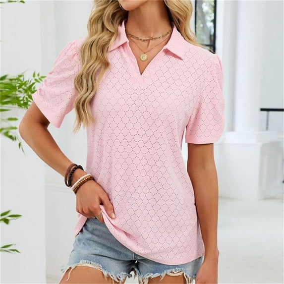 Roncen Womens Summer Tops Polo V Neck T Shirts Puff Short Sleeve Lapel Collared Work Blouses Eyelet Tunics
