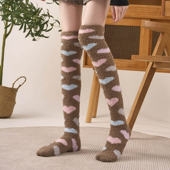 Roncen Womens Thigh High Fuzzy Socks Warm Winter Over Knee High Long Heart Print Fluffy Cozy Fleece Socks