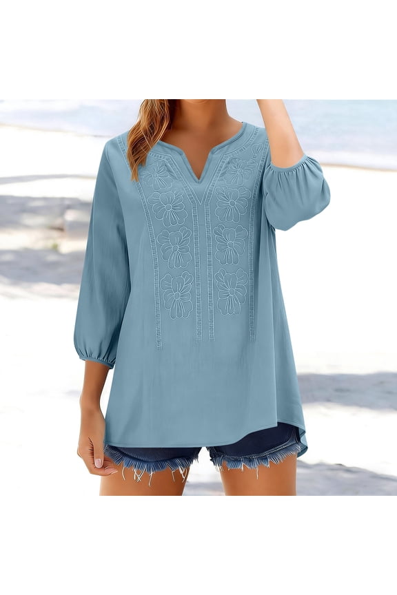 Womens V Neck Polo Shirts 3/4 Sleeve Collared Tops Business Casual Summer Tops Trendy Loose