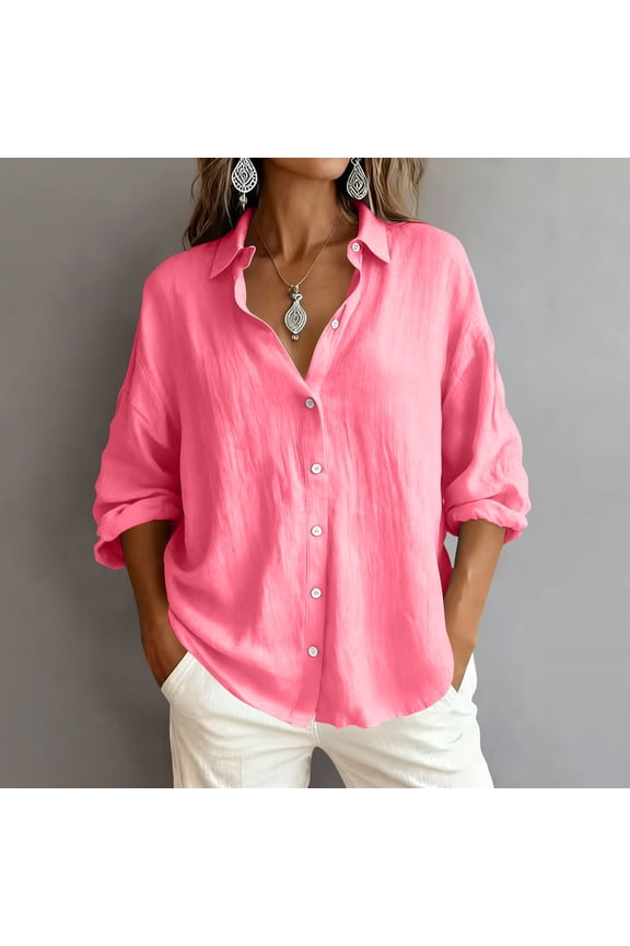 Womens V Neck Roll up Sleeve Button Down Blouses Tops