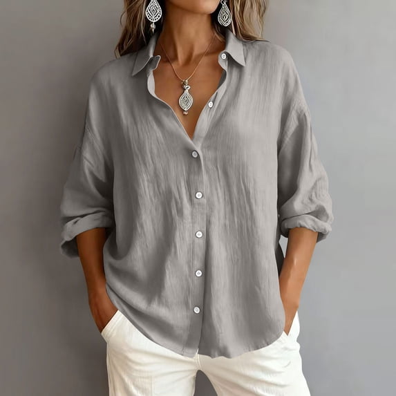 Roncen Womens V Neck Roll up Sleeve Button Down Blouses Tops
