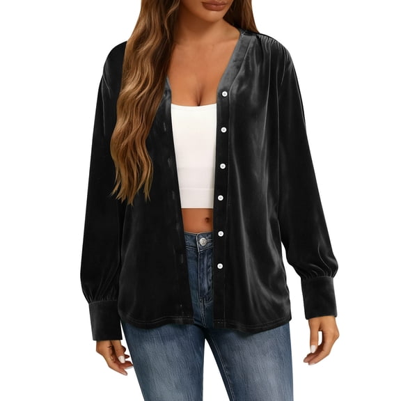 Roncen Womens Winter Velvet Long Sleeve Button Down Casual Tops Shirts
