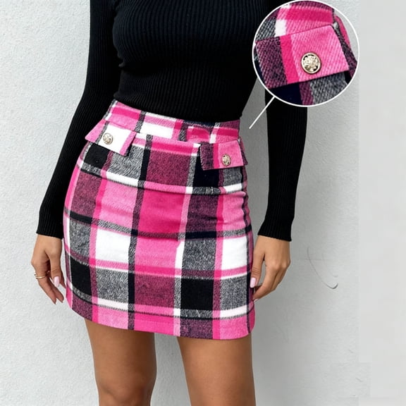 Roncen Womens Wool Plaid Mini Skirt Spring Winter High Waisted Bodycon Pencil Skirt