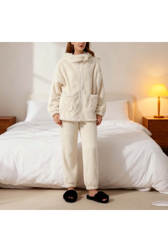 Womens Zip Pajama Sets Fuzzy 2 Piece Pjs Set Fluffy Loungewear Fleece Pullover Pants Set