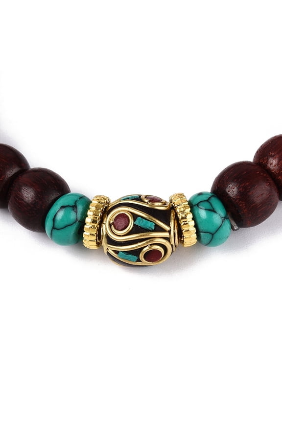 Rondelle Sandalwood Mala Bead Bracelets with Turquoise & Indonesia Beads Jewelry Stretch Bracelets Coconut Brown Inner Diameter: 2-1/8 inch(5.5cm)