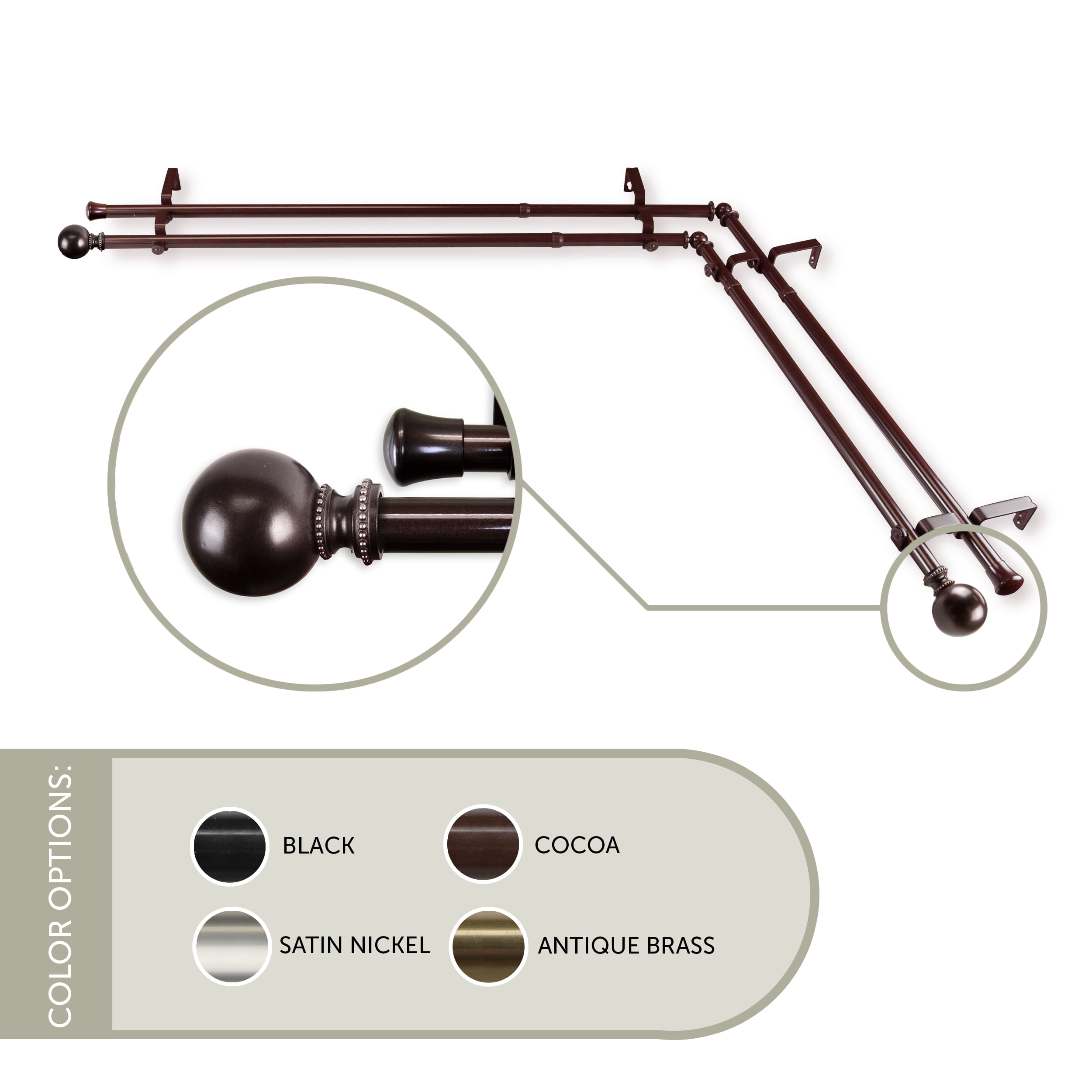 Rondure 13/16 inch Corner Window Double Curtain Rod 120-170" - Cocoa