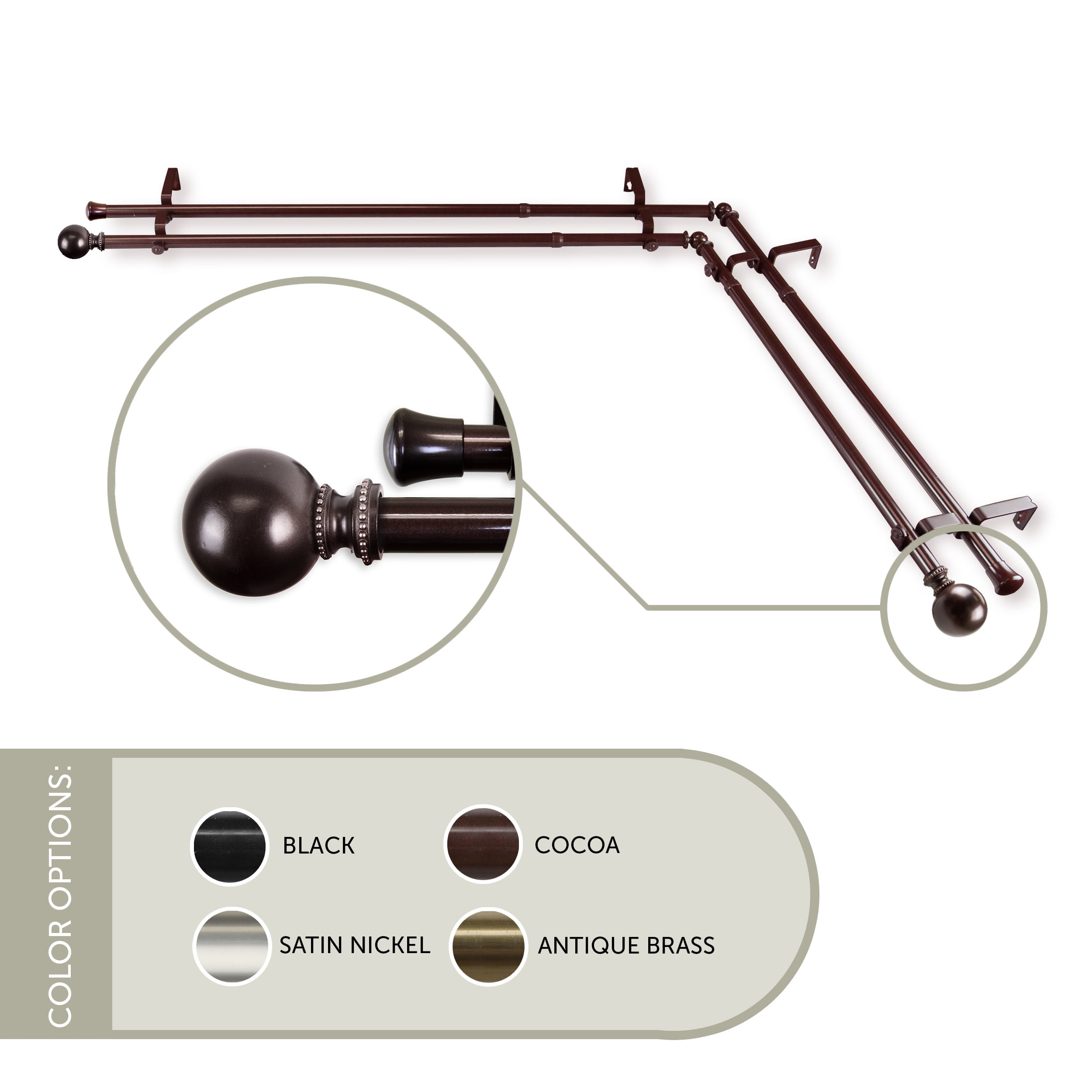 Rondure 13/16 inch Corner Window Double Curtain Rod 48-84" - Cocoa