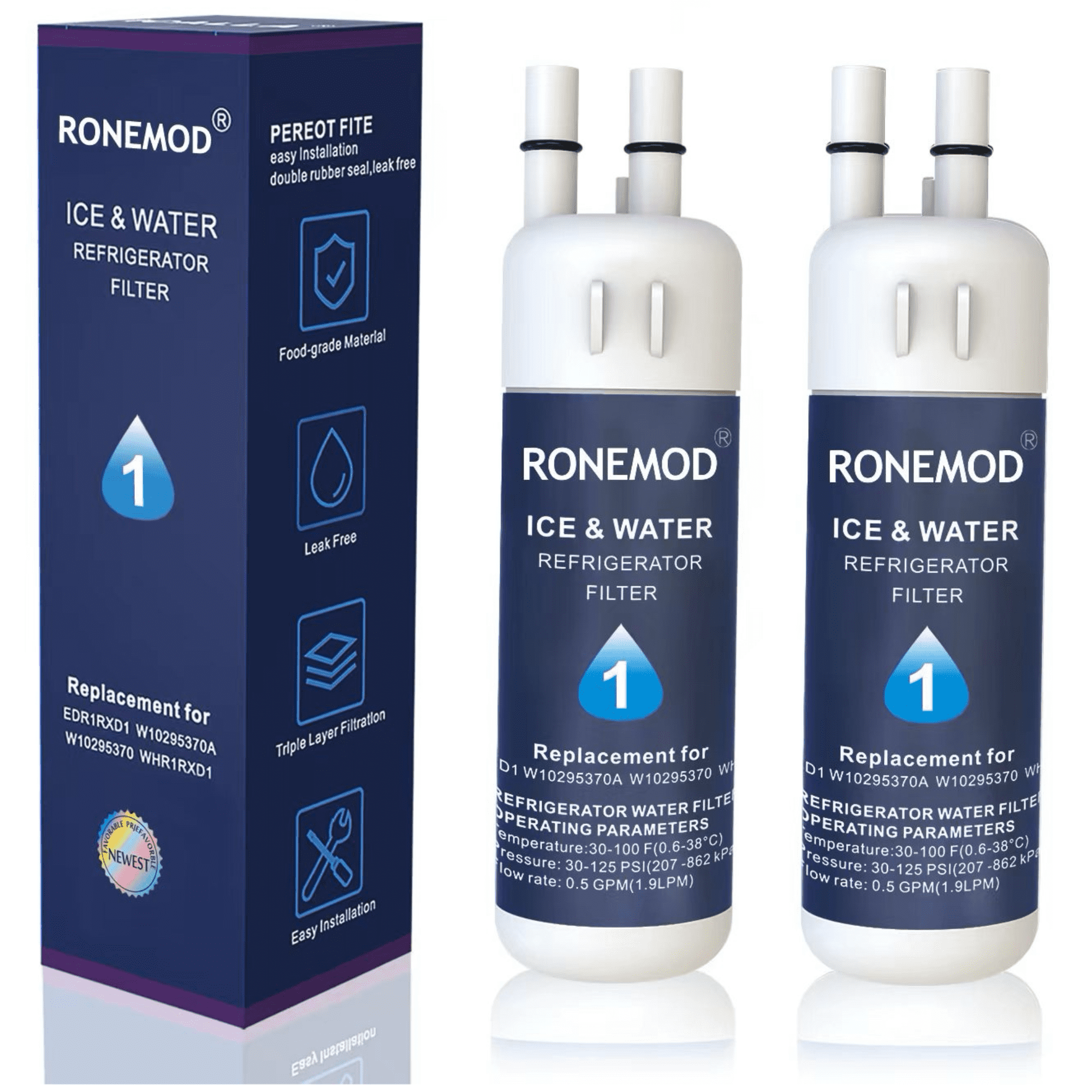 EDR1RXD1 Water Filter 1 Replacement Compatible with W10295370A WHR1RXD1 EDRIRXD1B 9081 9930 46-9081 46-9930 P5WB2L, 2 Pack