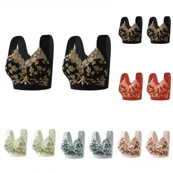 RongHuan 2PC Bras for Women Embroidery Wireless Full Coverage Bra Underwear Casual Push Up Bralette
