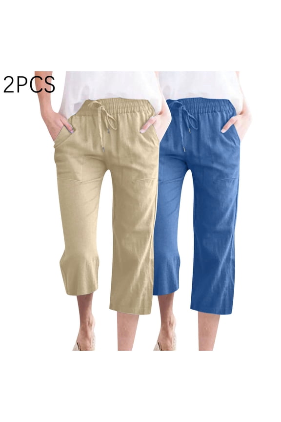 2PC Capris Pants for Women Casual Summer Cotton Linen Pants Straight Leg Cropped Pants with Pockets