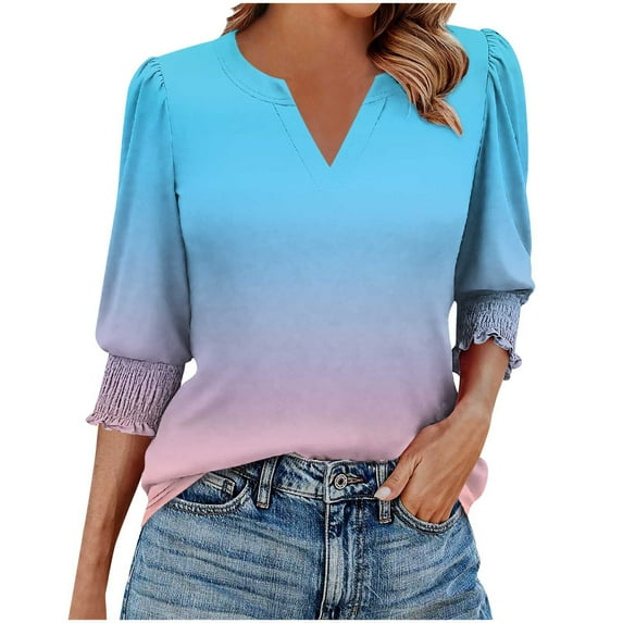 RongHuan 3/4 Sleeve Blouses for Women Gradient Color T-Shirt Casual Dressy V Neck Shirt Going Out Spring Summer Tees