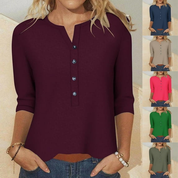 RongHuan 3/4 Sleeve T Shirts for Women Plus Size V Neck Blouse Button Down T-Shirt Loose Fit Pullover Tops