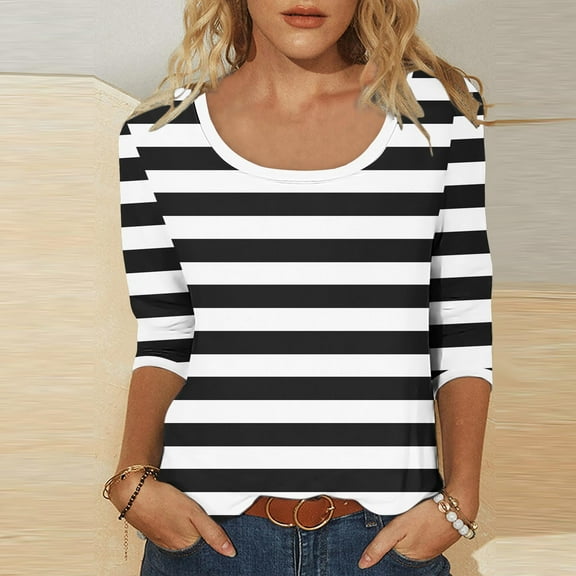 RongHuan 3/4 Sleeve Tees for Women Casual Striped Blouses Fashion Color Block T-Shirt Tops Loose Fit Tshirt