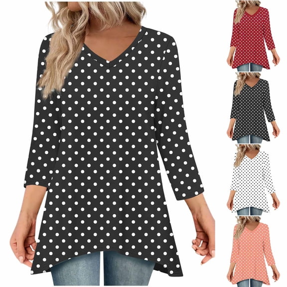 RongHuan 3/4 Sleeve Tunic Tops for Women Dressy Going Out Casual Blouse Loose Fit V Neck Polka Dots T-Shirts