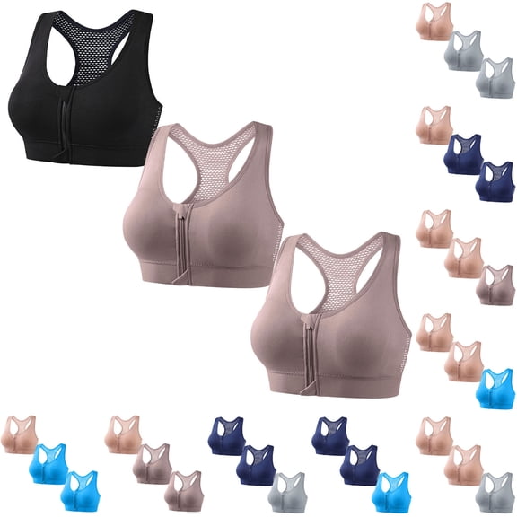 RongHuan 3 Pack Womens Zip Front Sports Bras High Support Padded Racerback Active Yoga Bra Plus Size Seamless Athletic Bralette