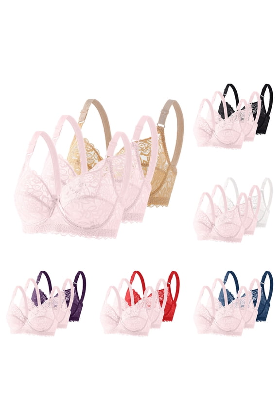 3PC Lace Bras for Women Full Coverage Underwire Braletes Wireless Everyday Bra Push Up Lingerie