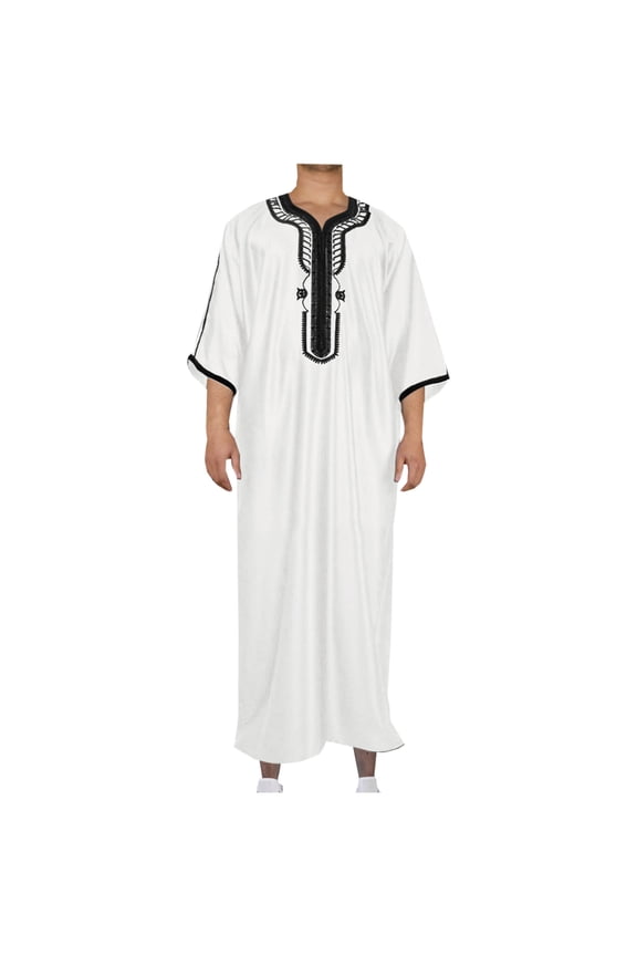 Abayas for Men Patchwork Embroidery Long Robe V Neck Color Block Male Robe
