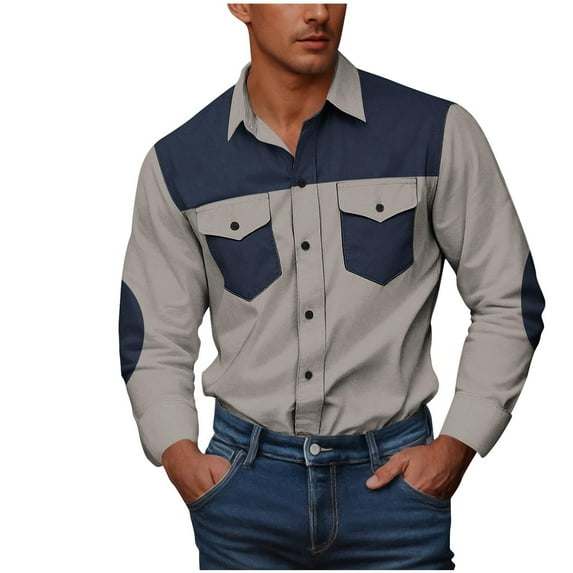 RongHuan Big and Tall Color Block Shirts for Men Casual Button Down Work Tops Loose Fit Overshirt with Pockets Long Sleeve Lapel Western Shirt