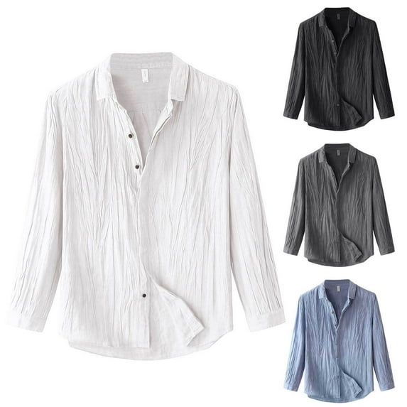 RongHuan Big and Tall Cotton Linen Shirts for Men Lightweight Button Down Shirt Vintage Lapel Dress Shirt Long Sleeve T-Shirt