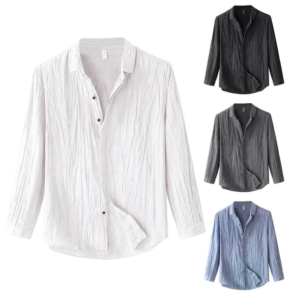 RongHuan Big and Tall Cotton Linen Shirts for Men Lightweight Button Down Shirt Vintage Lapel Dress Shirt Long Sleeve T-Shirt