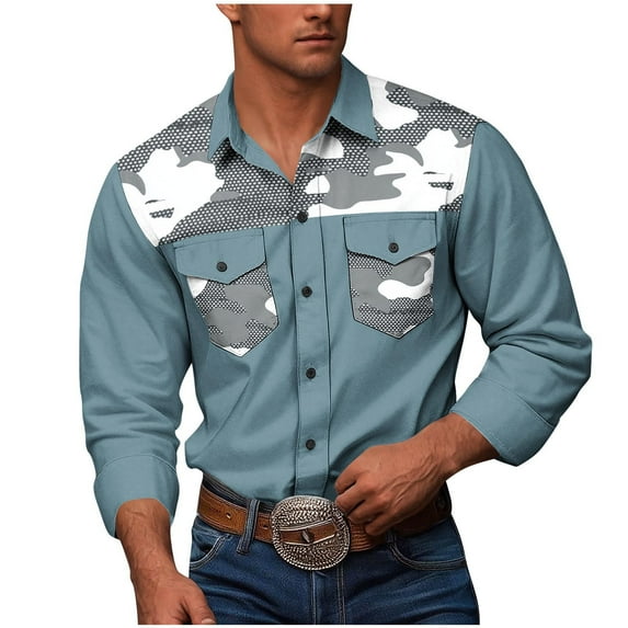 RongHuan Big and Tall Cowboy Shirts for Men Long Sleeve Camo Print Work Shirt Lightweight Button Down Tops Color Block Workwear with Two Pockets