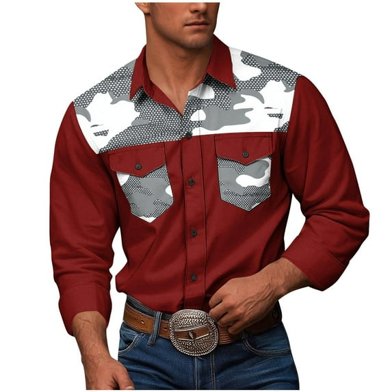 RongHuan Big and Tall Cowboy Shirts for Men Long Sleeve Camo Print Work Shirt Lightweight Button Down Tops Color Block Workwear with Two Pockets