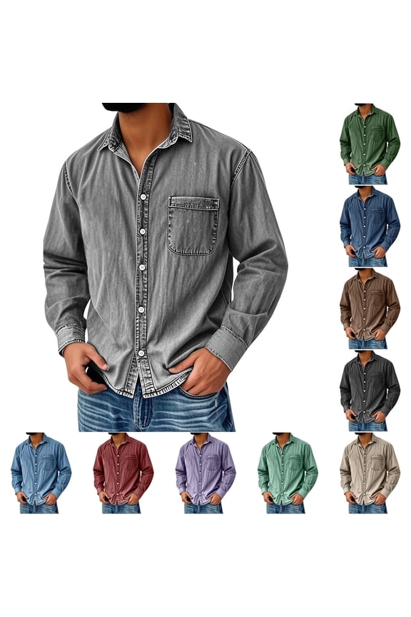 Big and Tall Denim Shirts for Men Vintage Button Down Shirt Casual Long Sleeve Tshirt Distressed T-Shirt with Pocket
