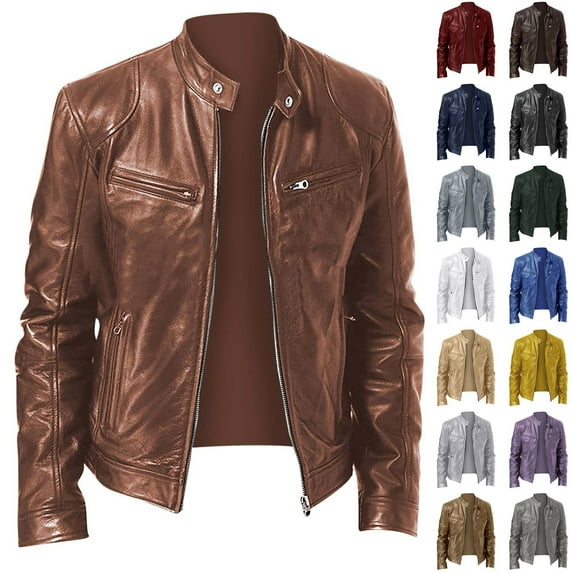 RongHuan Big and Tall Faux Leather Jacket for Men Casual Stand Collar Motorcycle Jackets Full Zip Soild Color Outwear Fall Winter Outdoor Outerwear