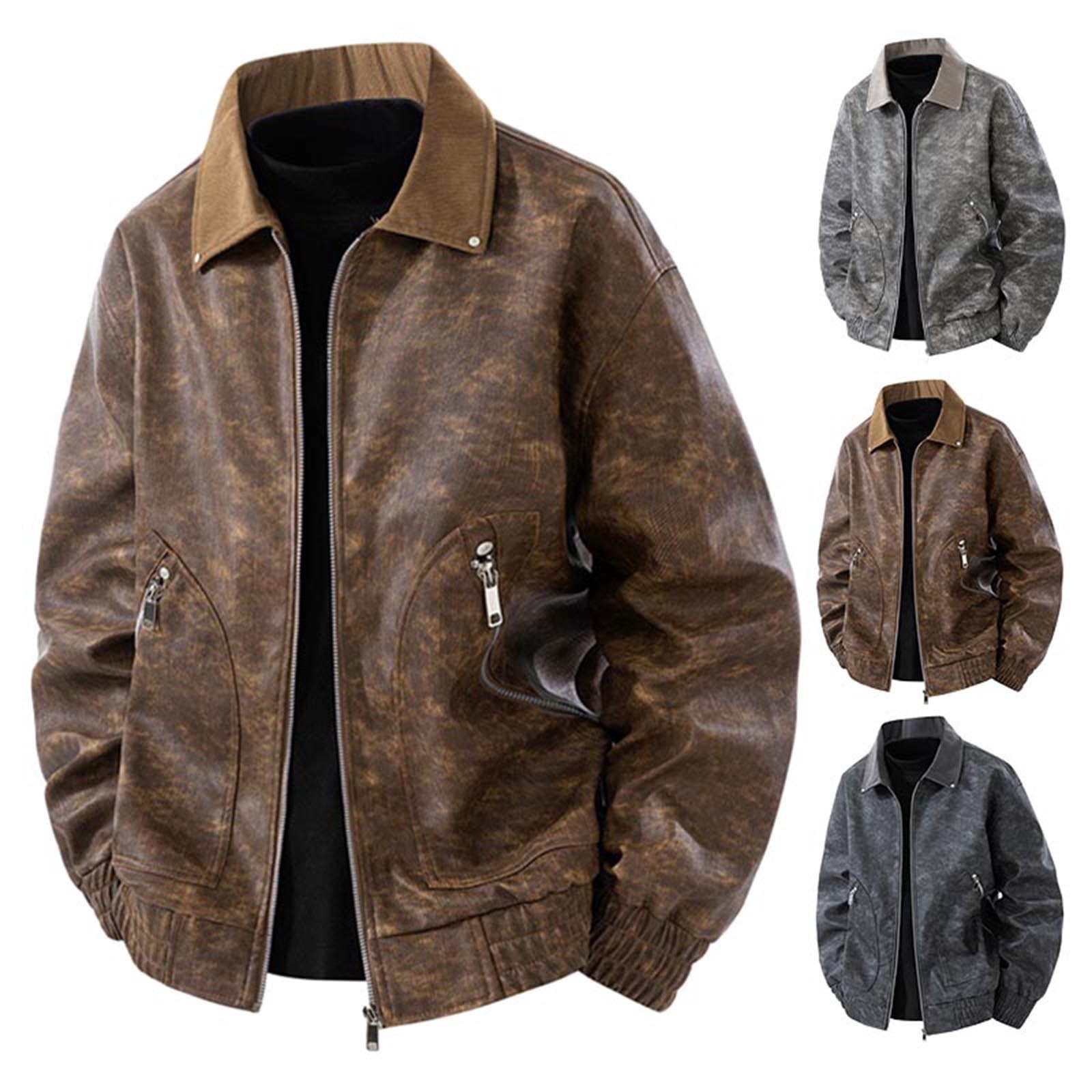 RongHuan Big and Tall Faux Leather Jacket for Men Fashion Zip Up Lapel Jackets Vintage Motorcycle Outwear Fall Winter Long Sleeve Coat