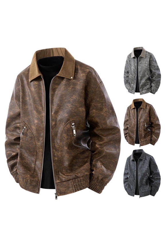 Big and Tall Faux Leather Jacket for Men Fashion Zip Up Lapel Jackets Vintage Motorcycle Outwear Fall Winter Long Sleeve Coat