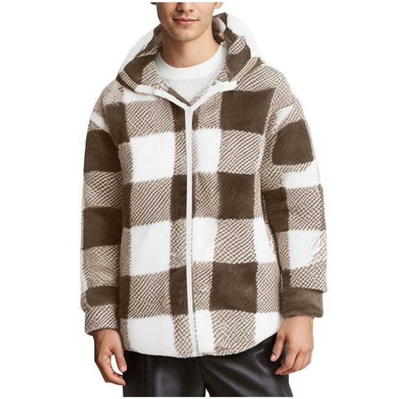 RongHuan Big and Tall Flannel Shirt for Men Full Zip Plaid Hooded Jackets Fall Winter Fleece Coat Causal Long Sleeve Fuzzy Outwear