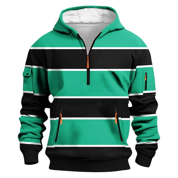 RongHuan Big and Tall Hoodies for Men Fall Winter Trendy Stripe Print Sweatshirts Oversized Quarter Zip Color Block Long Sleeve Pullover