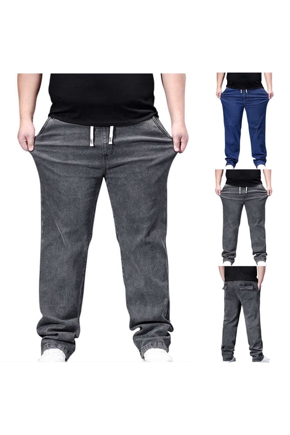 Big and Tall Jeans for Men Elastic Waist Pull On Denim Pants Drawstring Straight Leg Loose Trousers Streetwear Jean