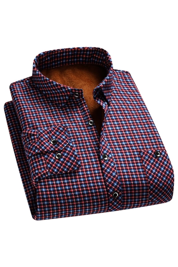 Big and Tall Plaid Shirt Men Fleece Lined Button Down Shirts Oversize Long Sleeve Lapel T-Shirt with Pockets