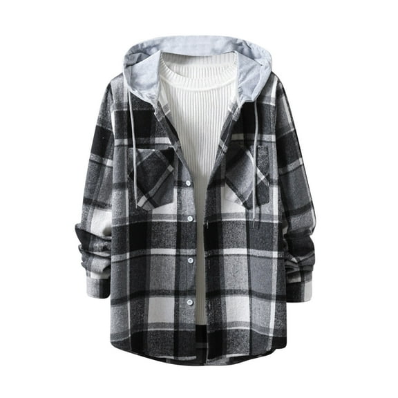 RongHuan Big and Tall Plaid Shirts Jacket for Men Fleece Lined Flannel Shirts with Hood Loose Fit Sherpa Jackets Long Sleeve Button Down Outwear