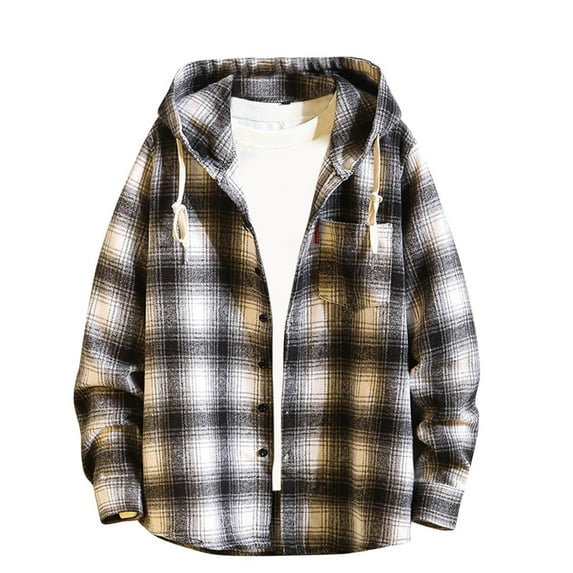 RongHuan Big and Tall Plaid Shirts Jacket for Men Fleece Lined Flannel Shirts with Hood Loose Fit Sherpa Jackets Long Sleeve Button Down Outwear