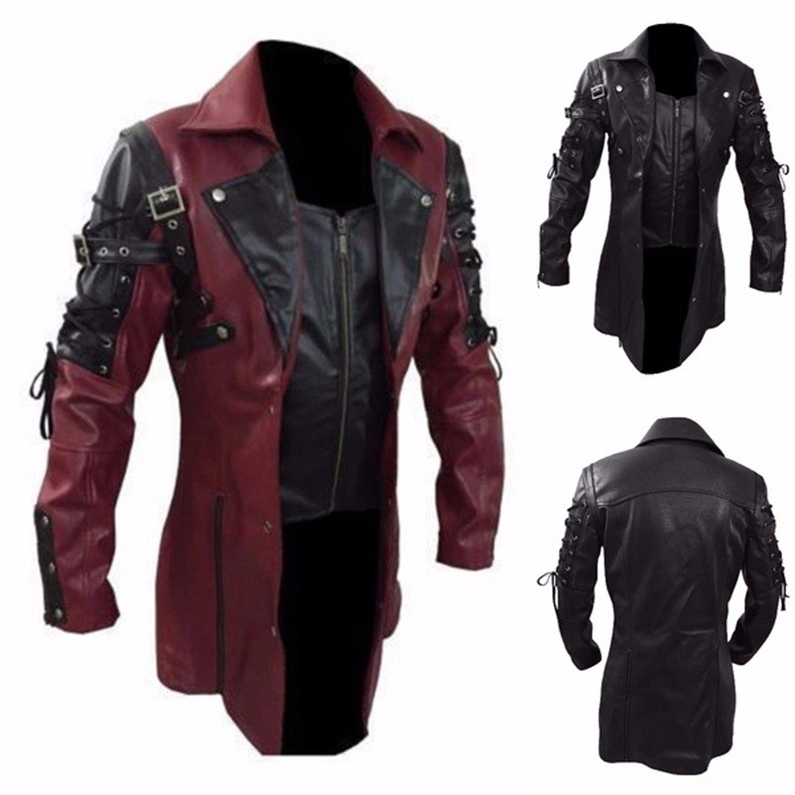 RongHuan Big and Tall Steampunk Jacket Mens Medieval Gothic Frock Coat Patchwork Faux Leather Jackets Lapel Long Sleeve Overcoat